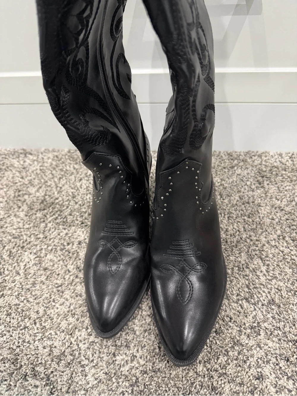 TOP Moda Black Pointed-Toe Studded Western Knee Boots - Picture 10 of 10